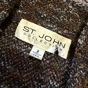 St. John Collection women's Brown Knit Tweed Jacket Leather Trim Zip‎ Front 2